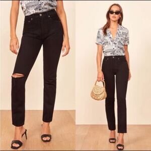 Reformation Julia High Cigarette Black Destroyed Jeans
